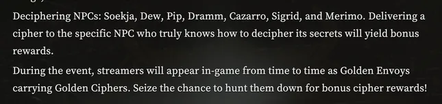 Bellring Games' event page stating that delivering a cipher to the specific NPC who knows it yields bonus rewards, and that Golden Envoys are streamers
